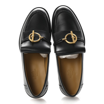 HERMES Calfskin Womens Impact Loafers 37.5 Black