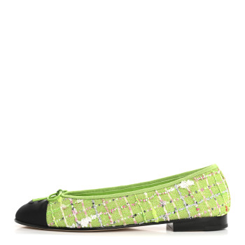 CHANEL Tweed Grosgrain Cap Toe Ballerina Flats 39 Green Black