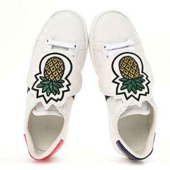 GUCCI Calfskin Ayers Crystal Web Pineapple Embroidered Womens New Ace Sneakers 35.5 White