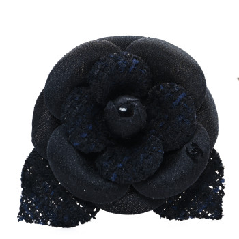 CHANEL Tweed Fabric Camellia Pin Brooch Black