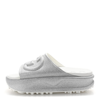 GUCCI Glitter Rubber Womens Interlocking G Platform 42mm Slide Sandals 37 Silver