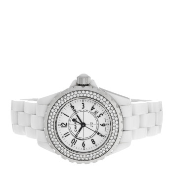 CHANEL Stainless Steel Ceramic Diamond Pave Bezel 33mm J12 Quartz Watch White