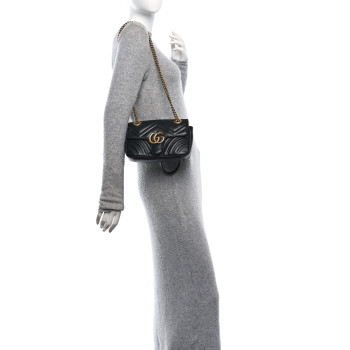 GUCCI Calfskin Matelasse Mini GG Marmont Shoulder Bag Black