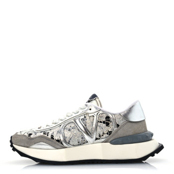 VALENTINO GARAVANI Metallic Calfskin Lace Mesh Lacerunner Sneaker 37.5 Silver Pastel Gray