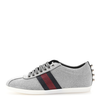 GUCCI Glitter Fabric Studded Web Womens Sneakers 36.5 Silver