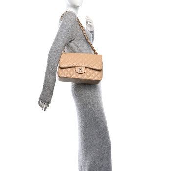 CHANEL Caviar Quilted Jumbo Double Flap Beige Clair