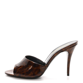SAINT LAURENT Patent Tartaruga Sexy 95mm Mules 37.5 Tortoise Brown