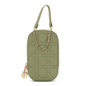 CHRISTIAN DIOR Lambskin Cannage Lady Dior Phone Holder Green