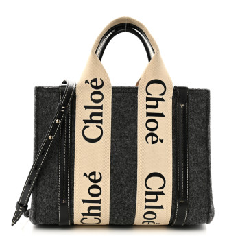 CHLOE Felt Calfskin Small Woody Ribbon Tote With Strap Cashmere Grey