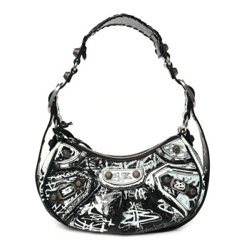 BALENCIAGA Agneau Arena Graffiti Small Le Cagole Shoulder Bag Black White