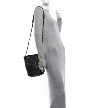 CHANEL Caviar Deauville Drawstring Bucket Bag Black
