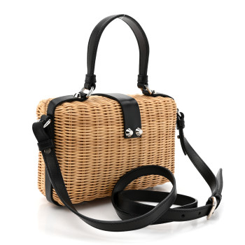 PRADA Wicker Top Handle Shoulder Bag Naturale Black