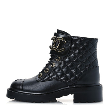 CHANEL Shiny Calfskin Quilted Lace Up Combat Boots 37 Black