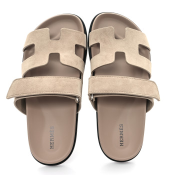 HERMES Suede Goatskin Womens Chypre Sandals 37 Beige Sable