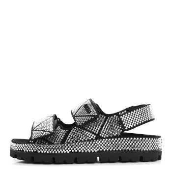 PRADA Satin Crystal Embellished Metal Logo Velcro Sandals 37 Black