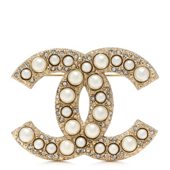 CHANEL Metal Crystal Graduated Pearl CC Brooch Gold