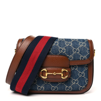 GUCCI New Denim GG Monogram Dollar Calfskin Web Mini Horsebit 1955 Shoulder Bag Blue Tea Cuir Epilog