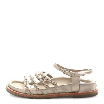 CHANEL Satin Lambskin Chain Flat Sandals 37.5 Beige