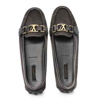 LOUIS VUITTON Suede Woven Oxford Loafers 37.5 Brown
