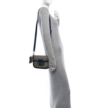 GUCCI GG Supreme Monogram Textured Dollar Calfskin Web Mini Horsebit 1955 Shoulder Bag Beige Blue