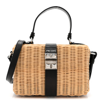 PRADA Wicker Top Handle Shoulder Bag Naturale Black