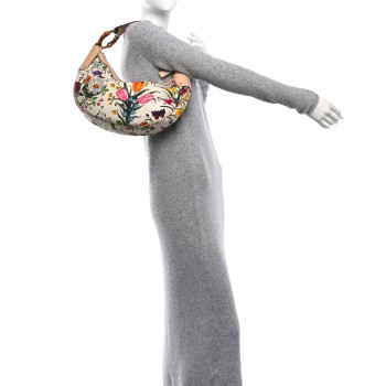 GUCCI Canvas Floral Flora Bamboo Ring Hobo White