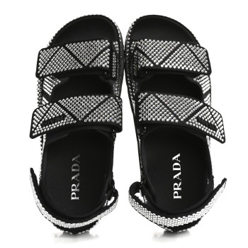 PRADA Satin Crystal Embellished Metal Logo Velcro Sandals 37 Black
