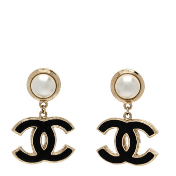 CHANEL Pearl Enamel CC Drop Earrings Black