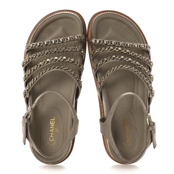 CHANEL Satin Lambskin Chain Flat Sandals 37.5 Beige