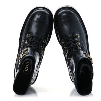 CHANEL Shiny Calfskin Quilted Lace Up Combat Boots 37 Black