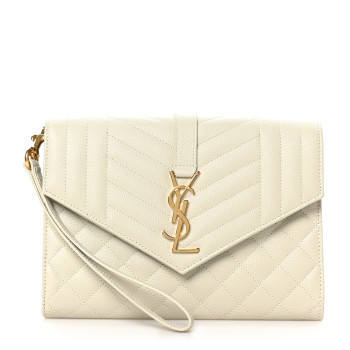 SAINT LAURENT Grain De Poudre Textured Mixed Matelasse Triquilt Monogram Clutch Blanc Vintage