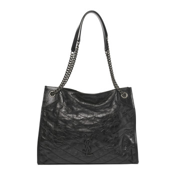 SAINT LAURENT Crinkled Calfskin Matelasse Monogram Medium Niki Shopper Tote Black