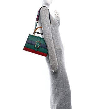 GUCCI Moon Calfskin Web Medium Dionysus Bamboo Top Handle Bag Emerald Blue Hibiscus Red