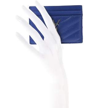 SAINT LAURENT Grain De Poudre Matelasse Chevron Credit Monogram Card Case Blue Majorelle