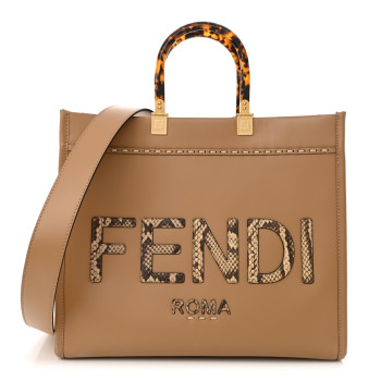 FENDI Vitello King Plexiglass Elaphe Python Print Logo Medium Fendi Sunshine Shopper Tote Miele Scuro Makeup