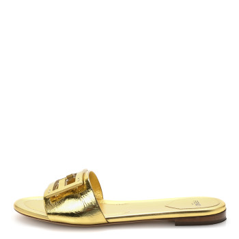 FENDI Nappa Laminata Cuoio Baguette Flat Slide Sandals 40 Gold