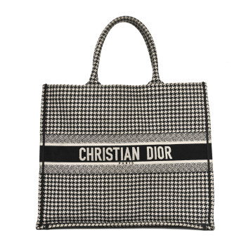 CHRISTIAN DIOR Canvas Houndstooth Embroidered Large Book Tote Black White