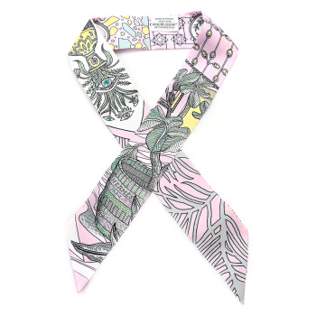 HERMES Silk La Danse Des Amazones Twilly Rose Pale Bleu Jaune