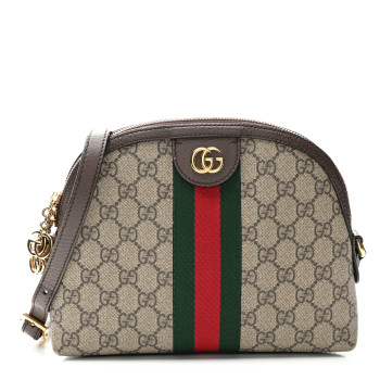 GUCCI GG Supreme Monogram Textured Dollar Calfskin Web Small Ophidia Dome Shoulder Bag Beige Ebony New Acero