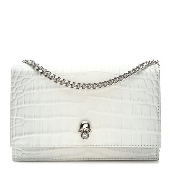 ALEXANDER MCQUEEN Calfskin Crocodile Embossed Skull Mini Crossbody Bag White