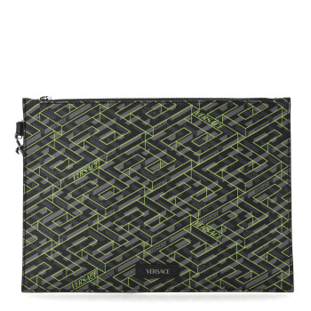VERSACE Coated Canvas La Greca Signature Pouch Black Green