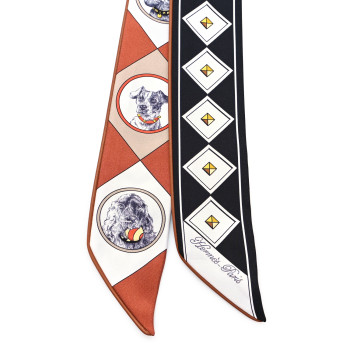 HERMES Silk Colliers et Chiens Twilly Black Caramel White