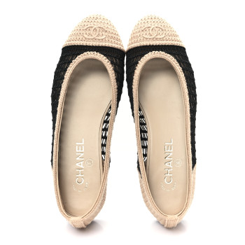 CHANEL Raffia Cap Toe Ballerina Flats 39 Black Beige