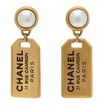 CHANEL Pearl CC Tags Drop Earrings Gold