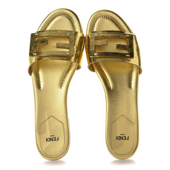 FENDI Nappa Laminata Cuoio Baguette Flat Slide Sandals 40 Gold