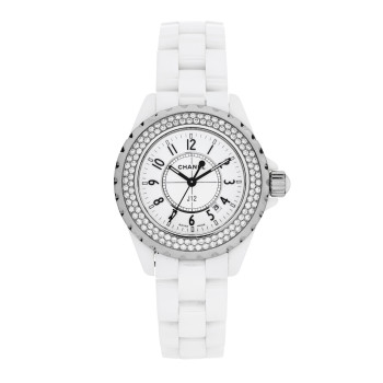 CHANEL Stainless Steel Ceramic Diamond Pave Bezel 33mm J12 Quartz Watch White