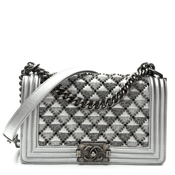 CHANEL Metallic Lambskin Embellished Medium Boy Flap Silver