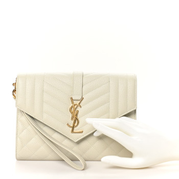 SAINT LAURENT Grain De Poudre Textured Mixed Matelasse Triquilt Monogram Clutch Blanc Vintage