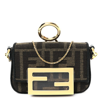 FENDI Fabric Jacquard FF 1974 Nano Maxi Buckle Baguette Charm Tobacco Moro Black