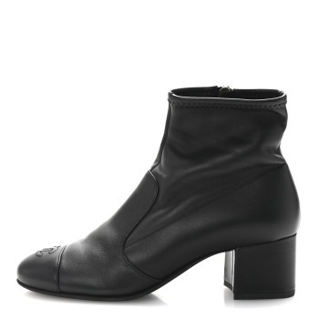 CHANEL Stretch Lambskin Cap Toe CC Short Boots 38.5 Black